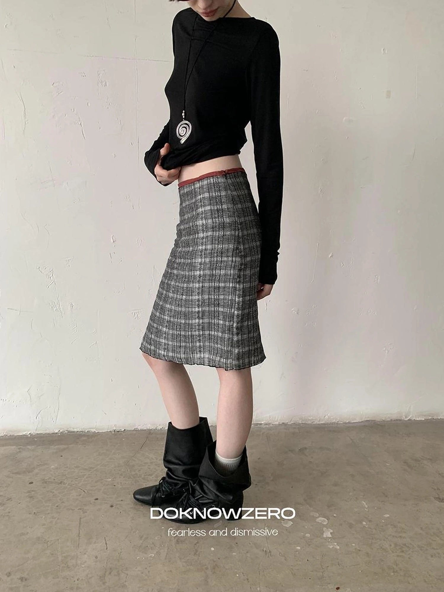 DKZ OFFICIAL Vintage Plaid Linen A Line Skirt With Frayed Hem