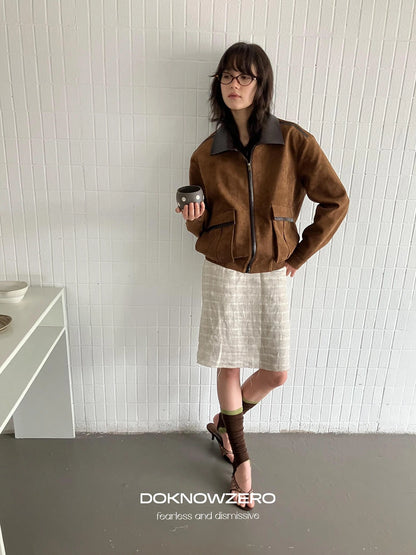 DKZ OFFICIAL Vintage Plaid Linen A Line Skirt With Frayed Hem