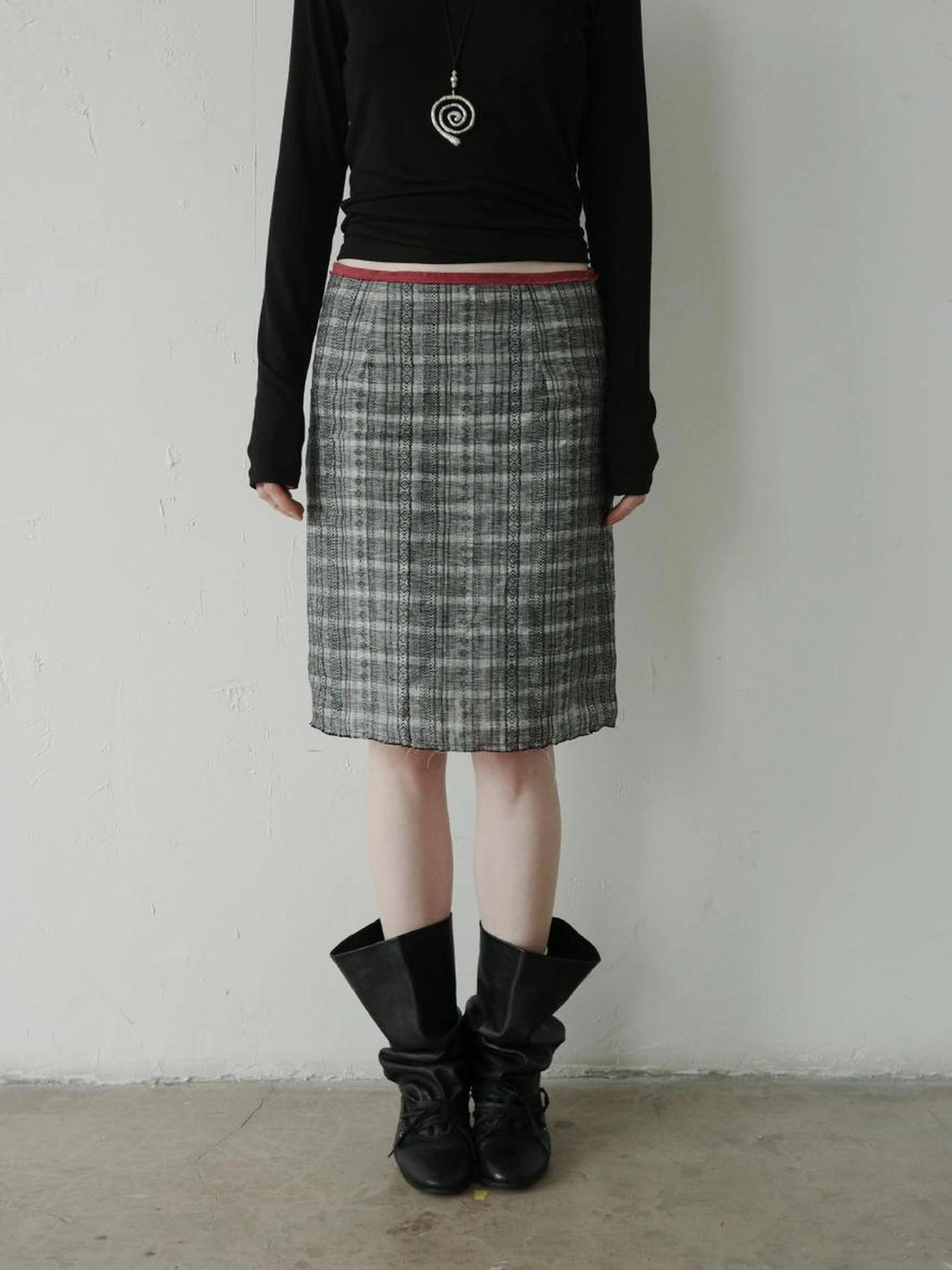 DKZ OFFICIAL Vintage Plaid Linen A Line Skirt With Frayed Hem