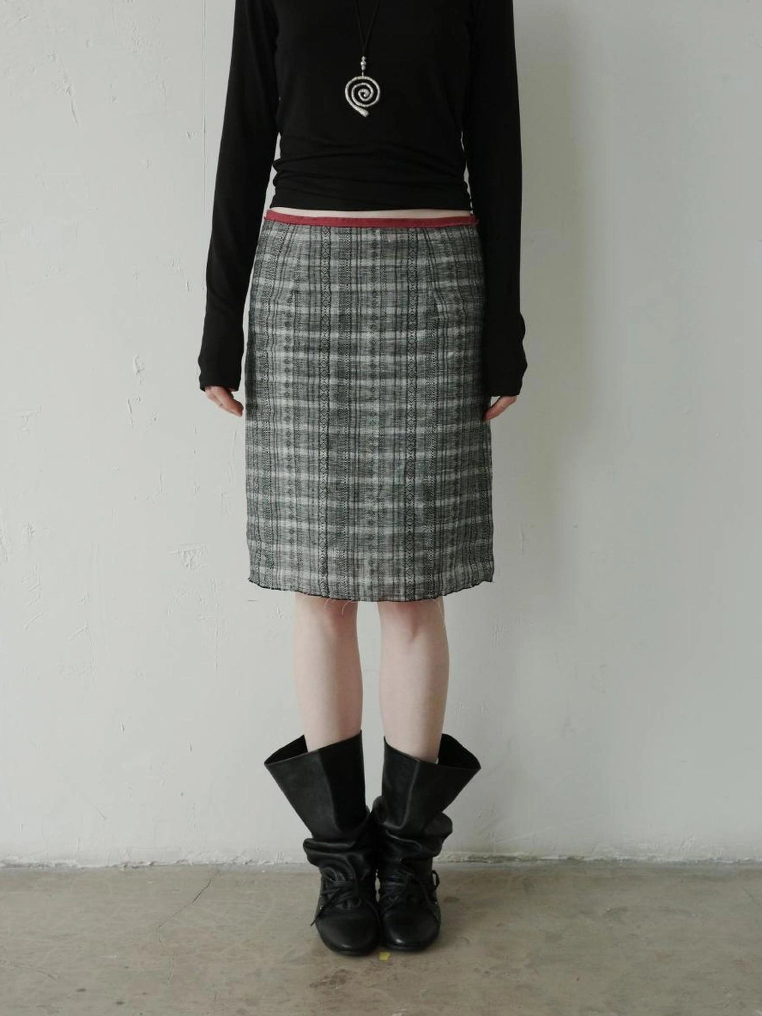 DKZ OFFICIAL Vintage Plaid Linen A Line Skirt With Frayed Hem