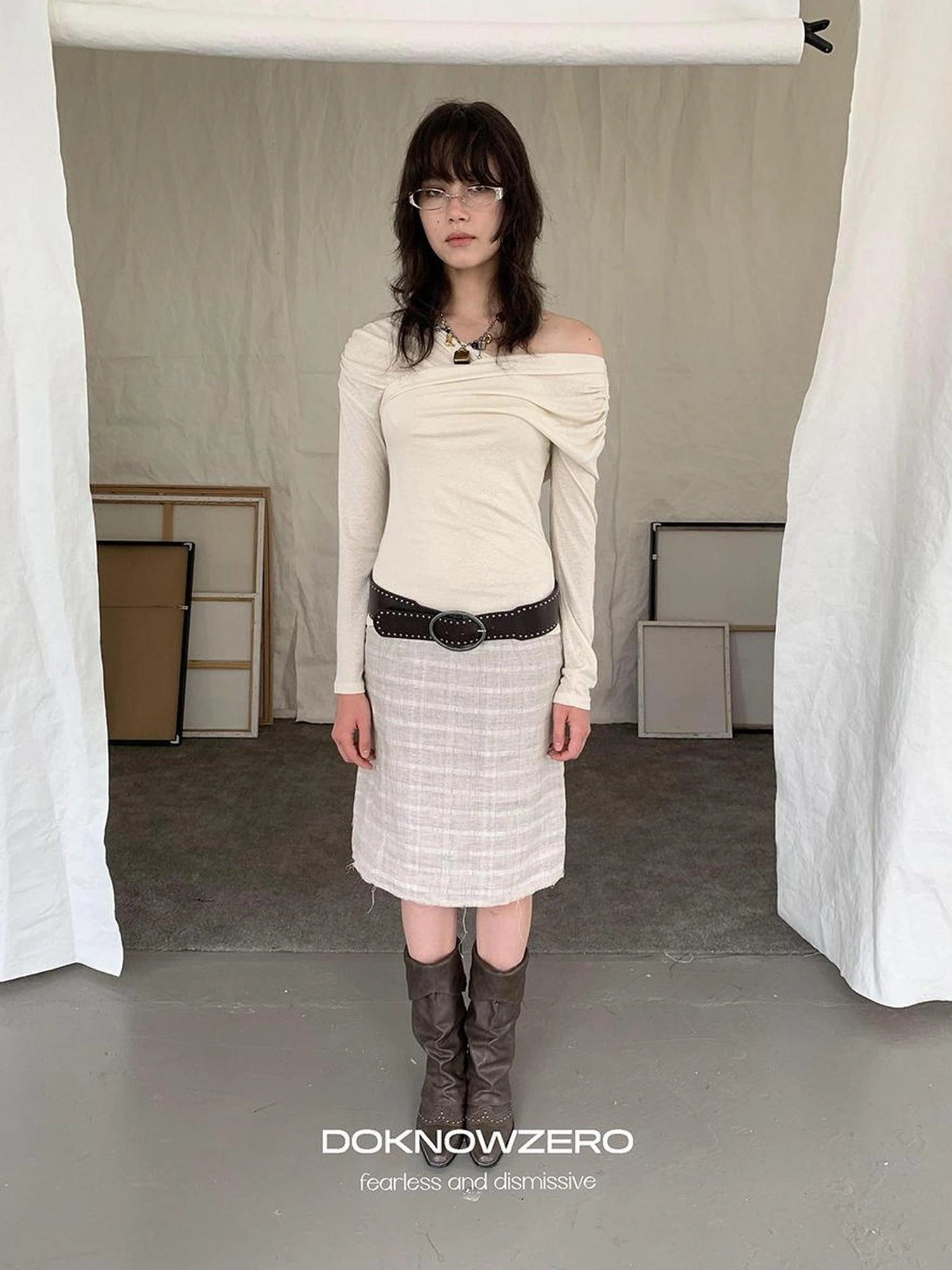 DKZ OFFICIAL Vintage Plaid Linen A Line Skirt With Frayed Hem