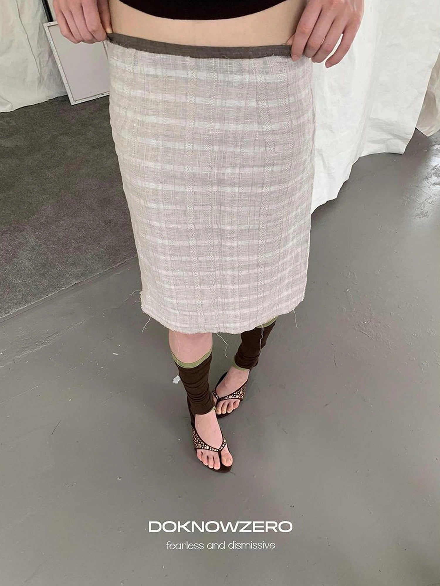 DKZ OFFICIAL Vintage Plaid Linen A Line Skirt With Frayed Hem