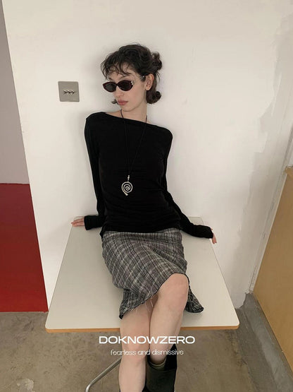 DKZ OFFICIAL Vintage Plaid Linen A Line Skirt With Frayed Hem