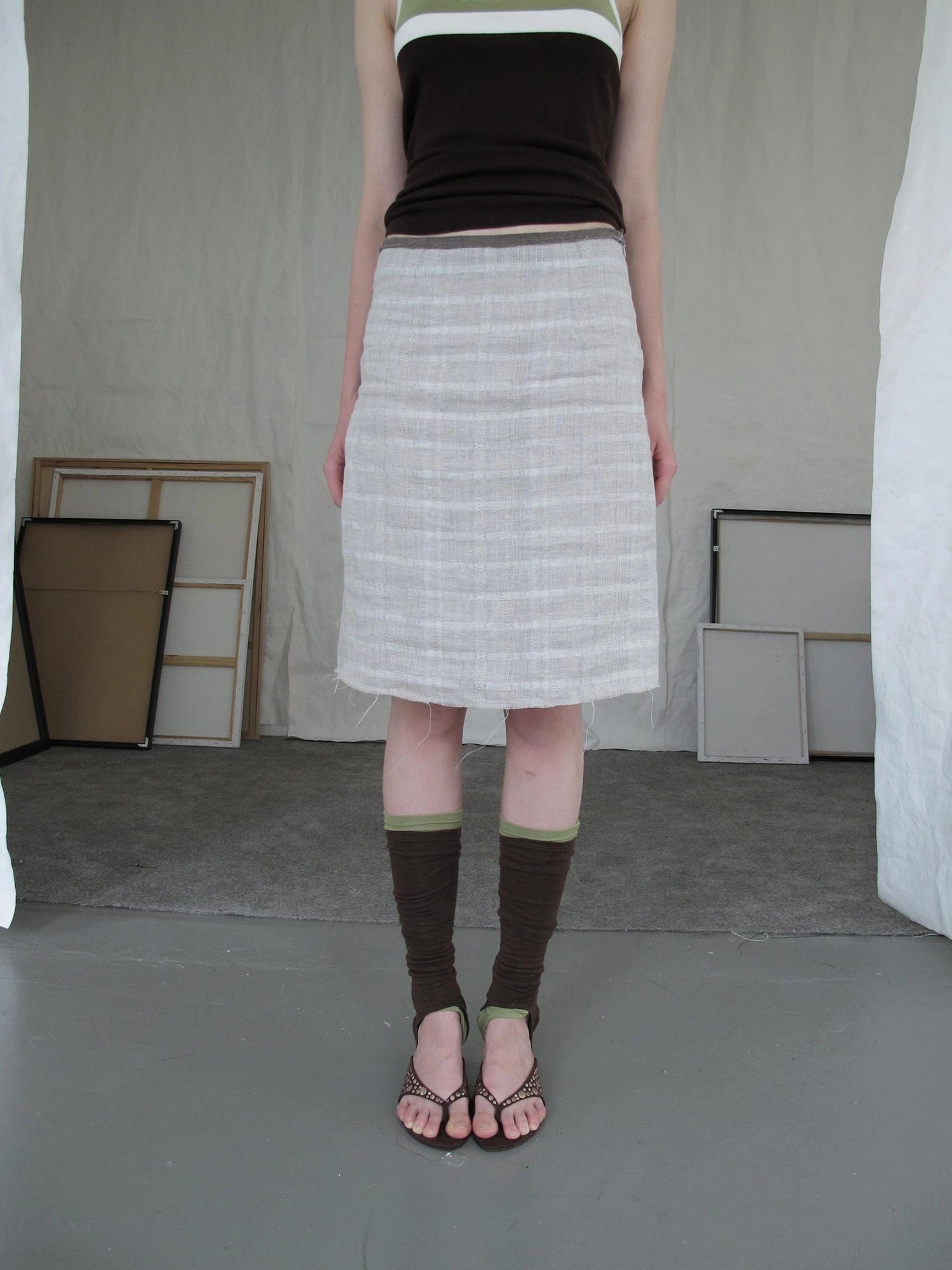 DKZ OFFICIAL Vintage Plaid Linen A Line Skirt With Frayed Hem