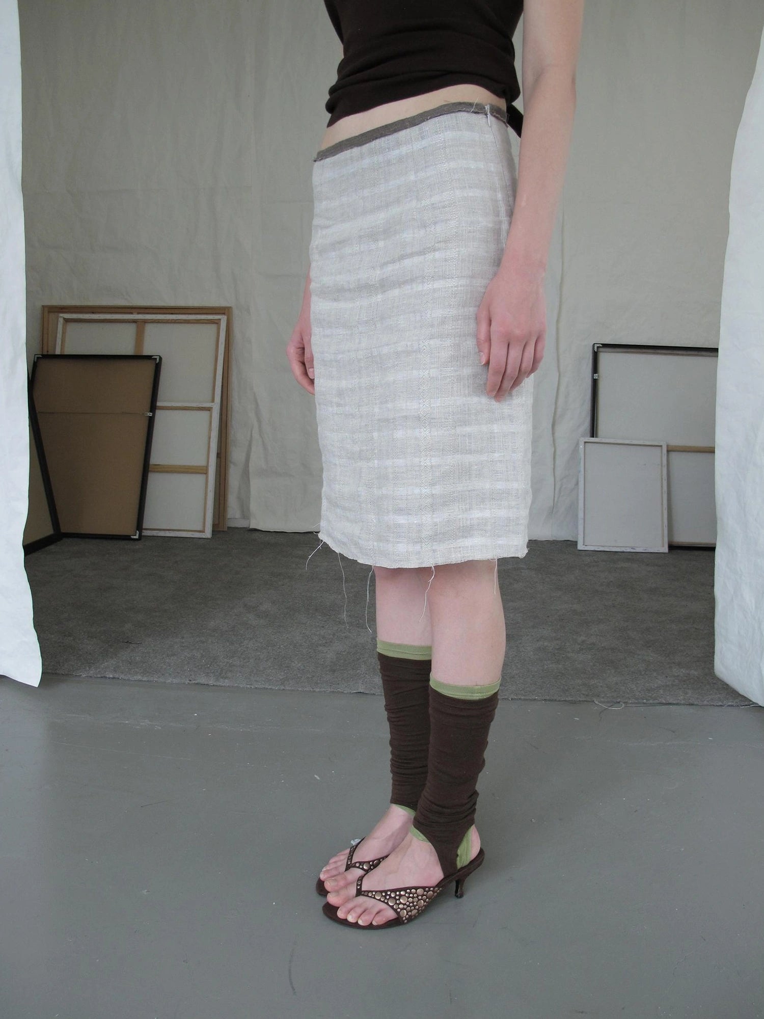 DKZ OFFICIAL Vintage Plaid Linen A Line Skirt With Frayed Hem