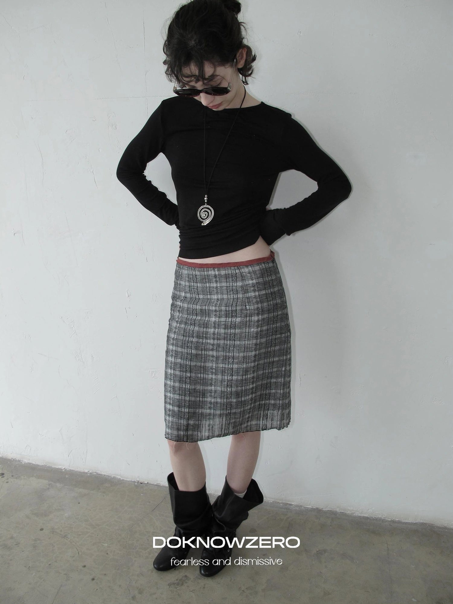 DKZ OFFICIAL Vintage Plaid Linen A Line Skirt With Frayed Hem
