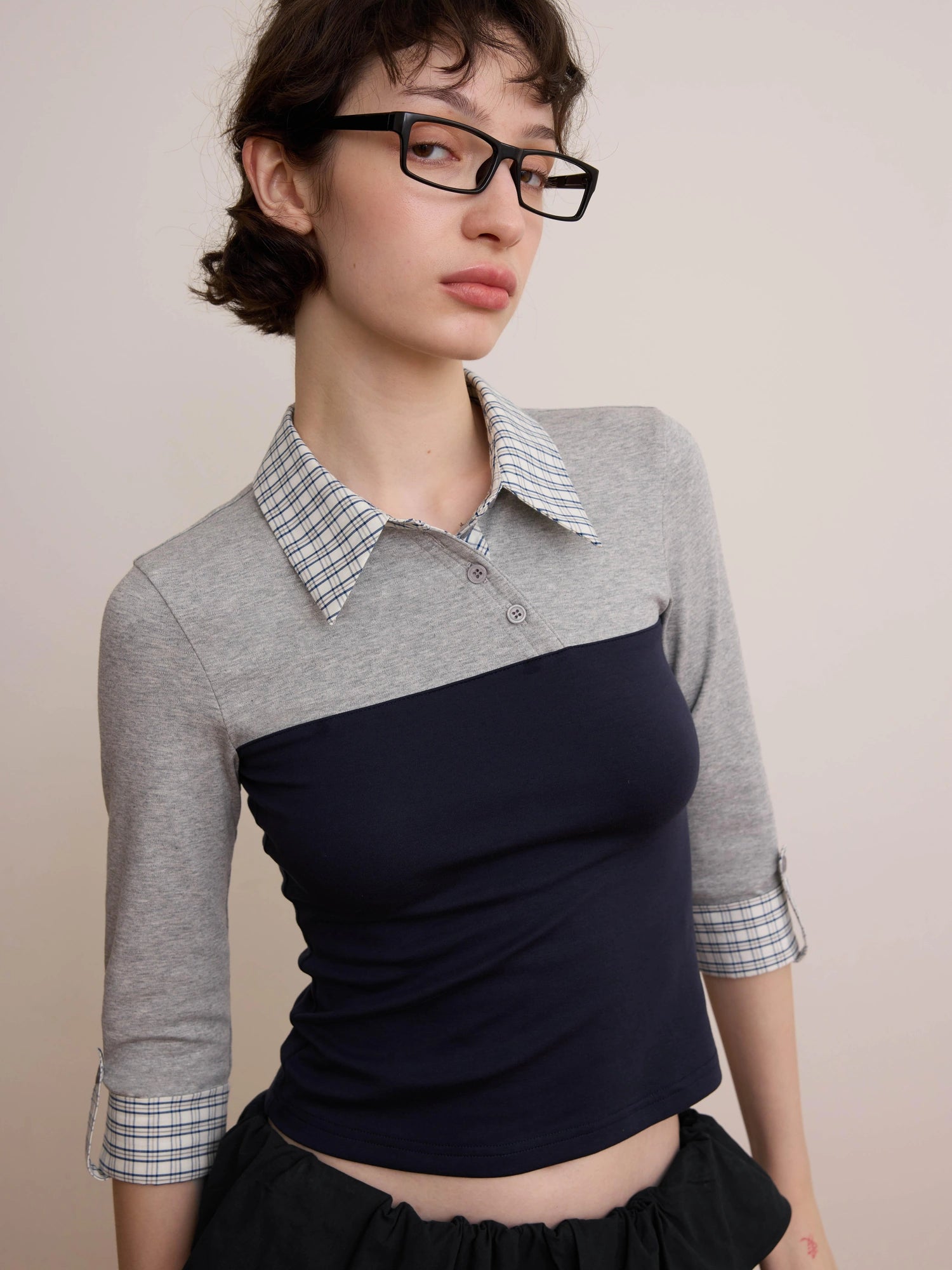DKZ OFFICIAL Vintage Plaid Paneled Slub Knit V-neck T-shirt Long Sleeve