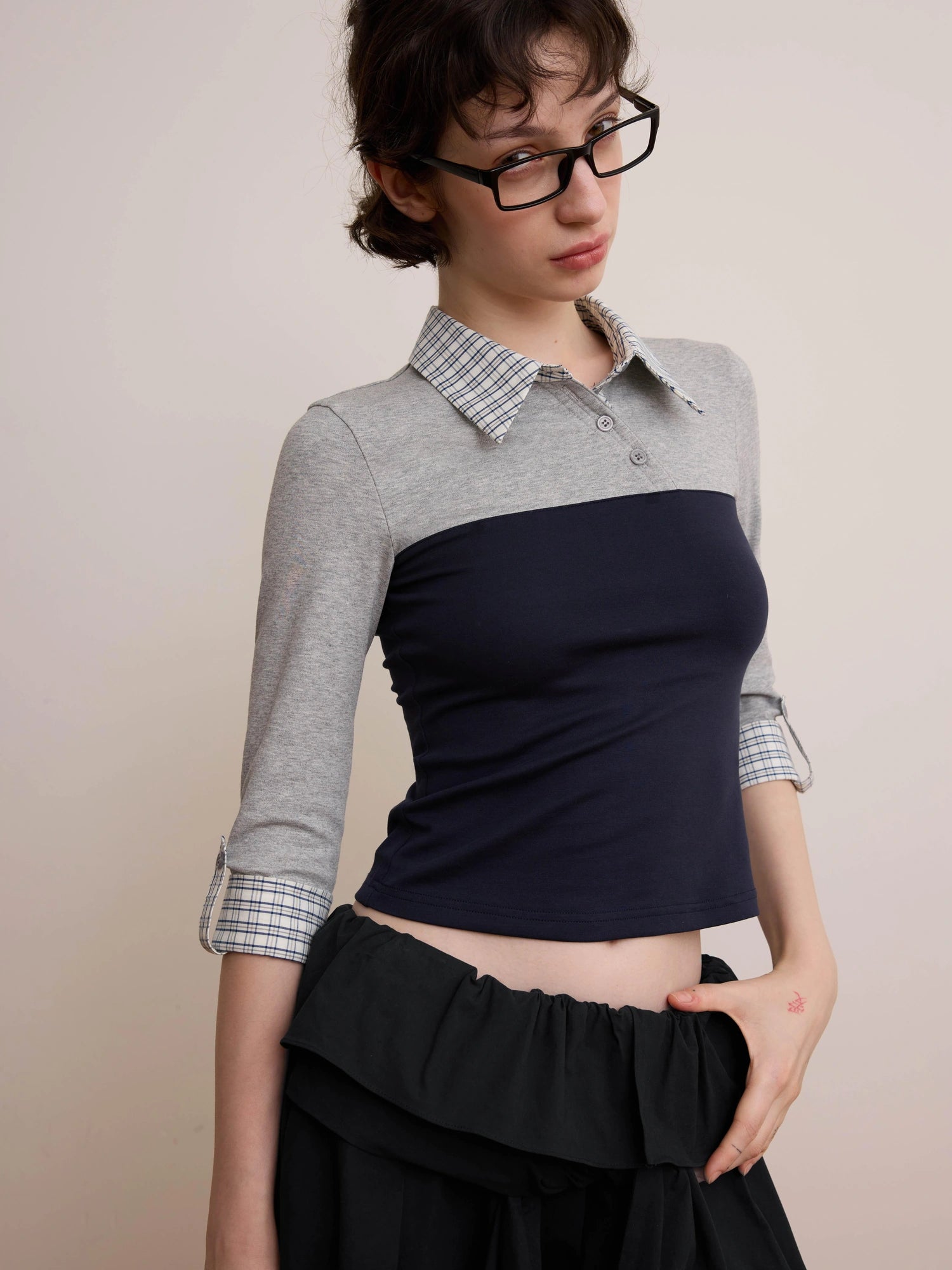 DKZ OFFICIAL Vintage Plaid Paneled Slub Knit V-neck T-shirt Long Sleeve
