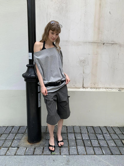 DKZ OFFICIAL Vintage Pleated Gray Cargo Mid Length Shorts