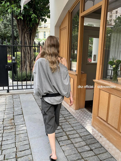 DKZ OFFICIAL Vintage Pleated Gray Cargo Mid Length Shorts