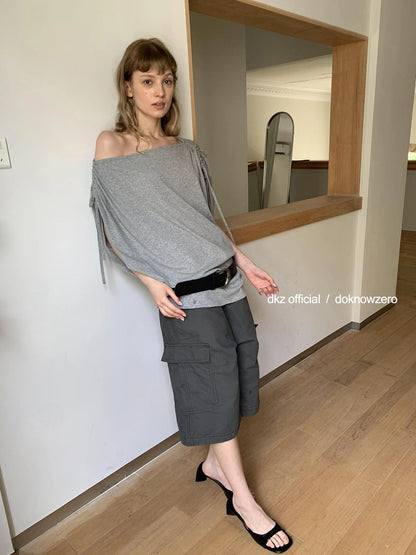 DKZ OFFICIAL Vintage Pleated Gray Cargo Mid Length Shorts