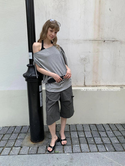 DKZ OFFICIAL Vintage Pleated Gray Cargo Mid Length Shorts