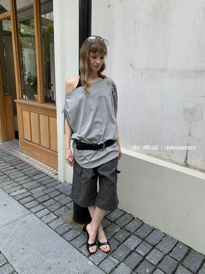 DKZ OFFICIAL Vintage Pleated Gray Cargo Mid Length Shorts