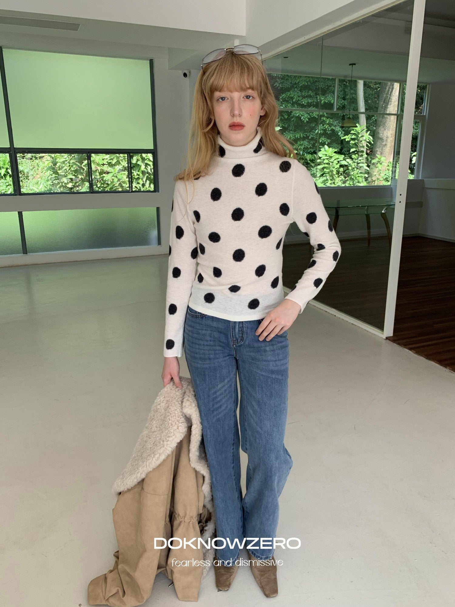 DKZ OFFICIAL Vintage Polka Dot Slim Fit High Neck Women&