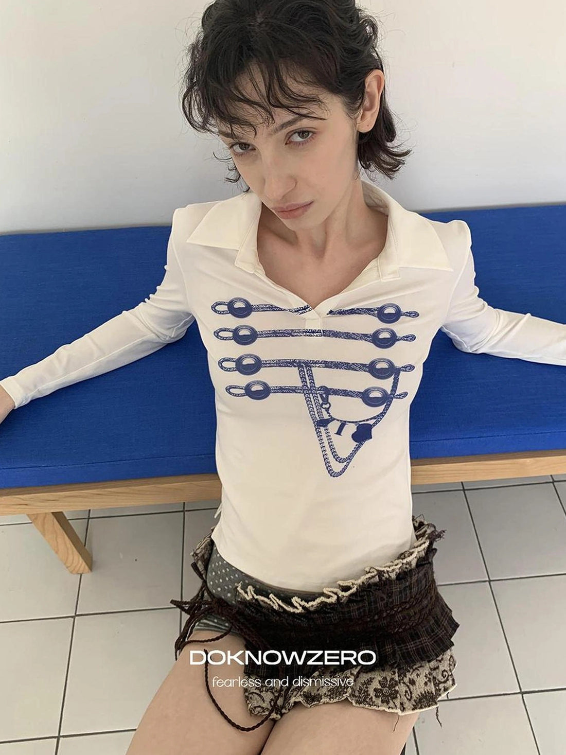 DKZ OFFICIAL Vintage Print Sailor Collar Long Sleeve Tee