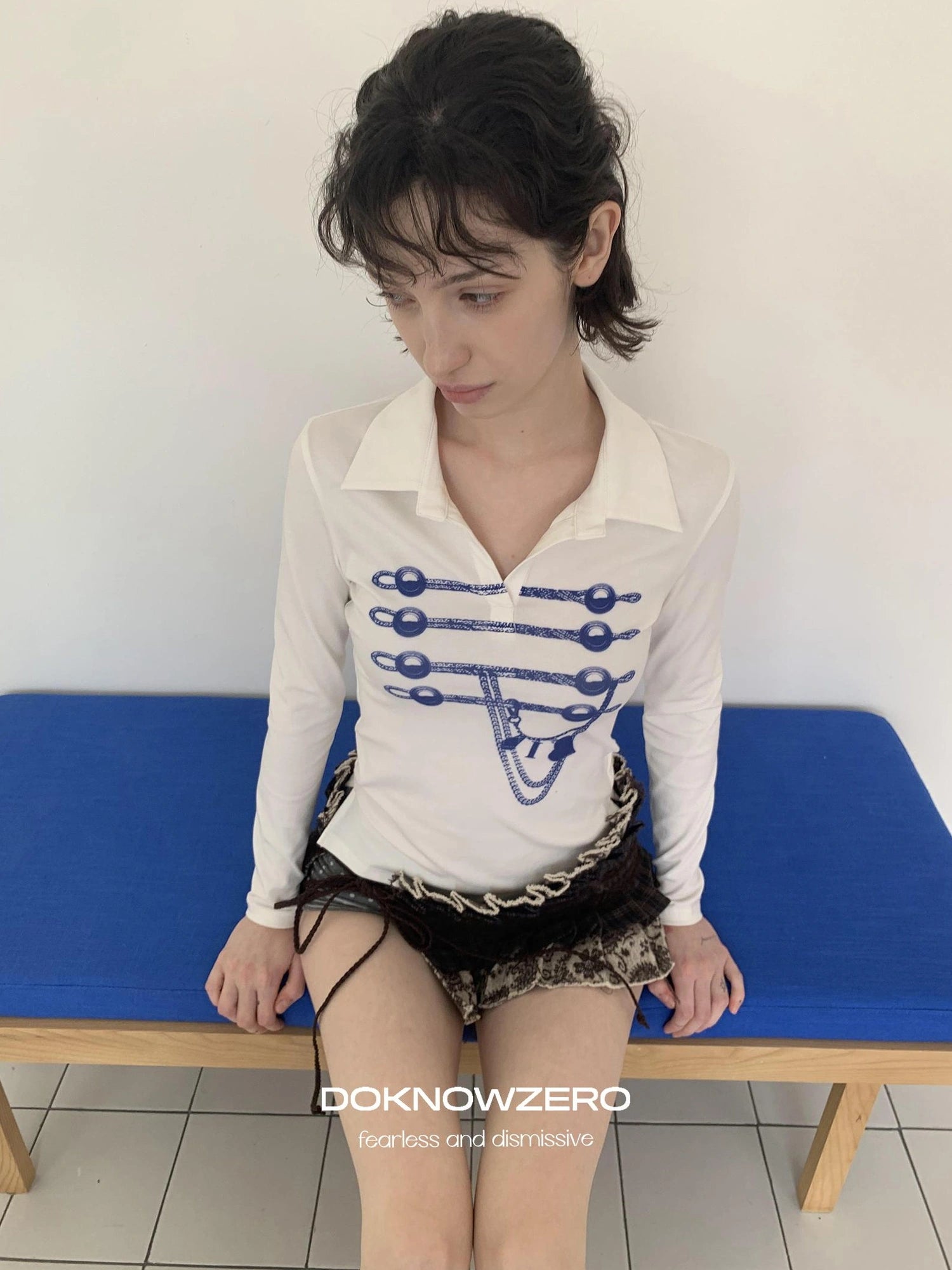DKZ OFFICIAL Vintage Print Sailor Collar Long Sleeve Tee