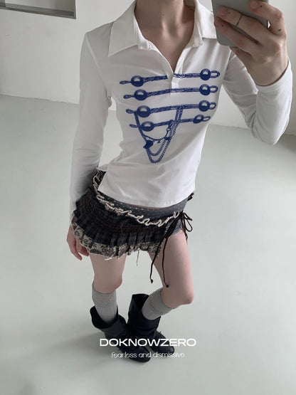 DKZ OFFICIAL Vintage Print Sailor Collar Long Sleeve Tee
