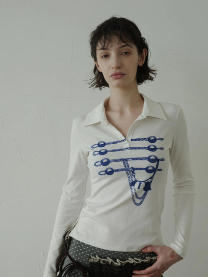DKZ OFFICIAL Vintage Print Sailor Collar Long Sleeve Tee