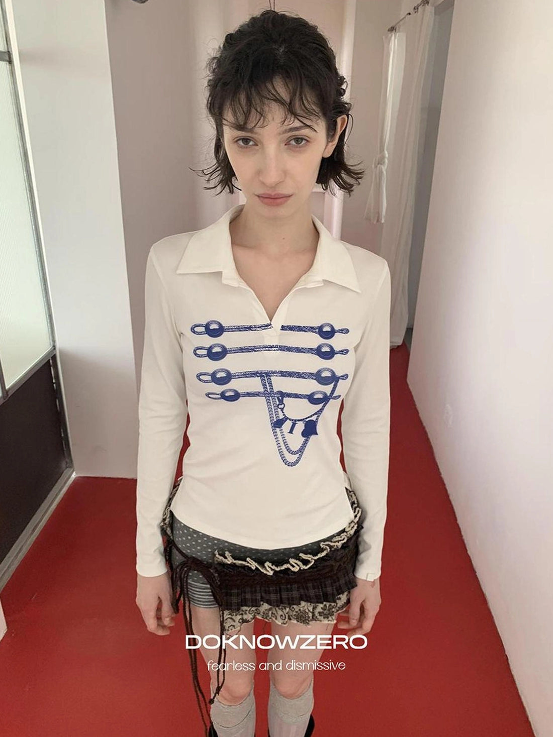 DKZ OFFICIAL Vintage Print Sailor Collar Long Sleeve Tee