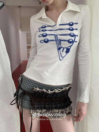 DKZ OFFICIAL Vintage Print Sailor Collar Long Sleeve Tee