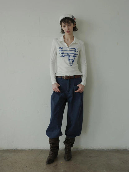 DKZ OFFICIAL Vintage Print Sailor Collar Long Sleeve Tee