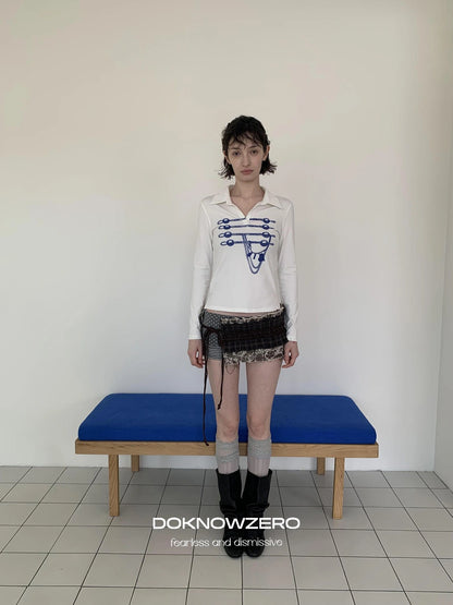 DKZ OFFICIAL Vintage Print Sailor Collar Long Sleeve Tee