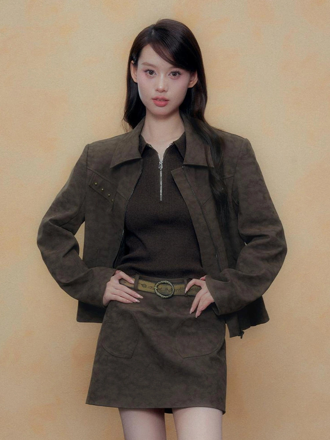 DKZ OFFICIAL Vintage Sandwash Pu Leather Jacket And Skirt Set