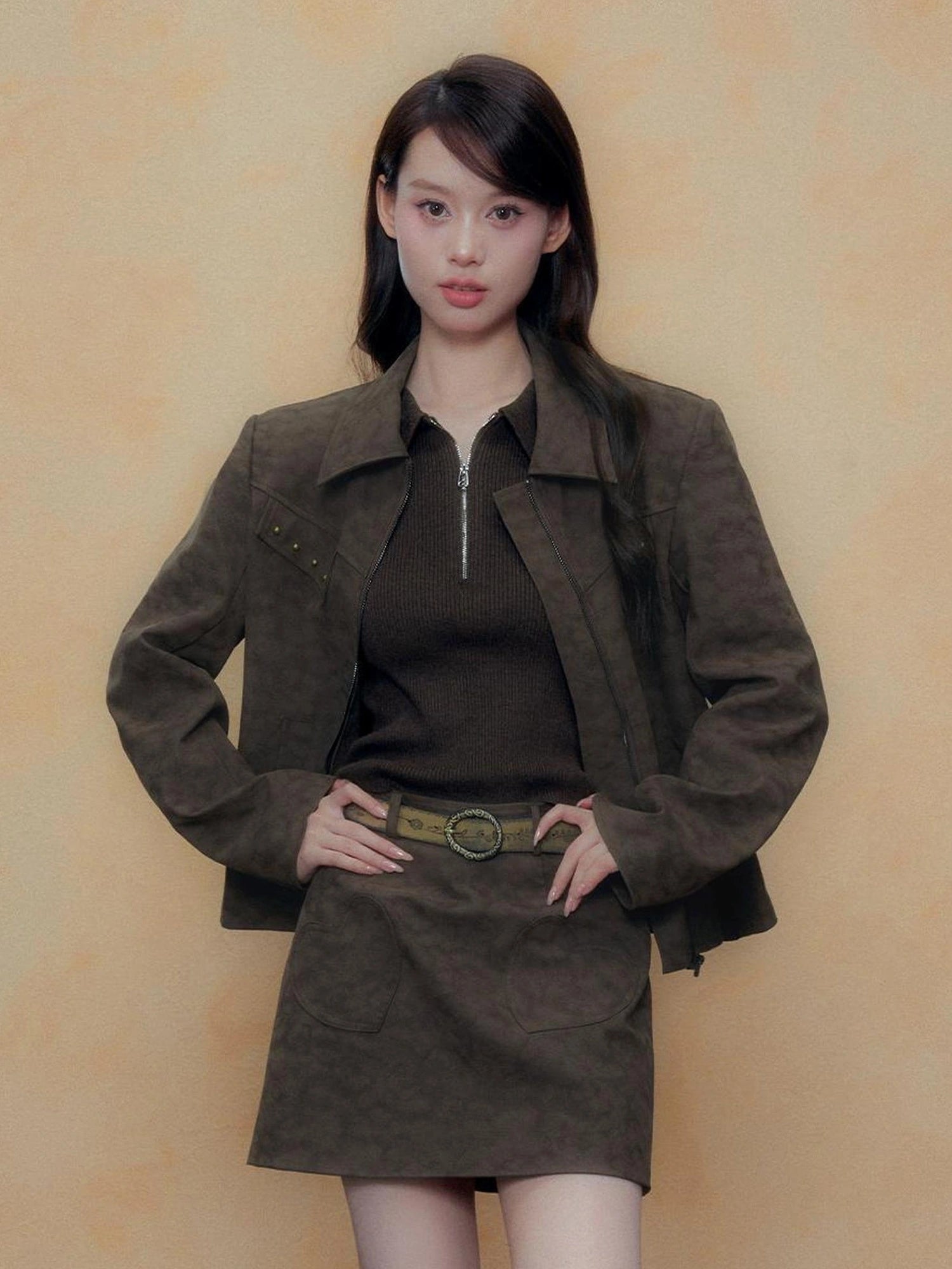 DKZ OFFICIAL Vintage Sandwash Pu Leather Jacket And Skirt Set