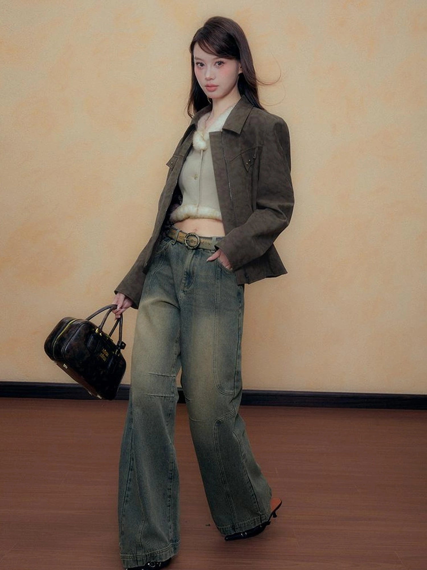 DKZ OFFICIAL Vintage Sandwash Pu Leather Jacket And Skirt Set