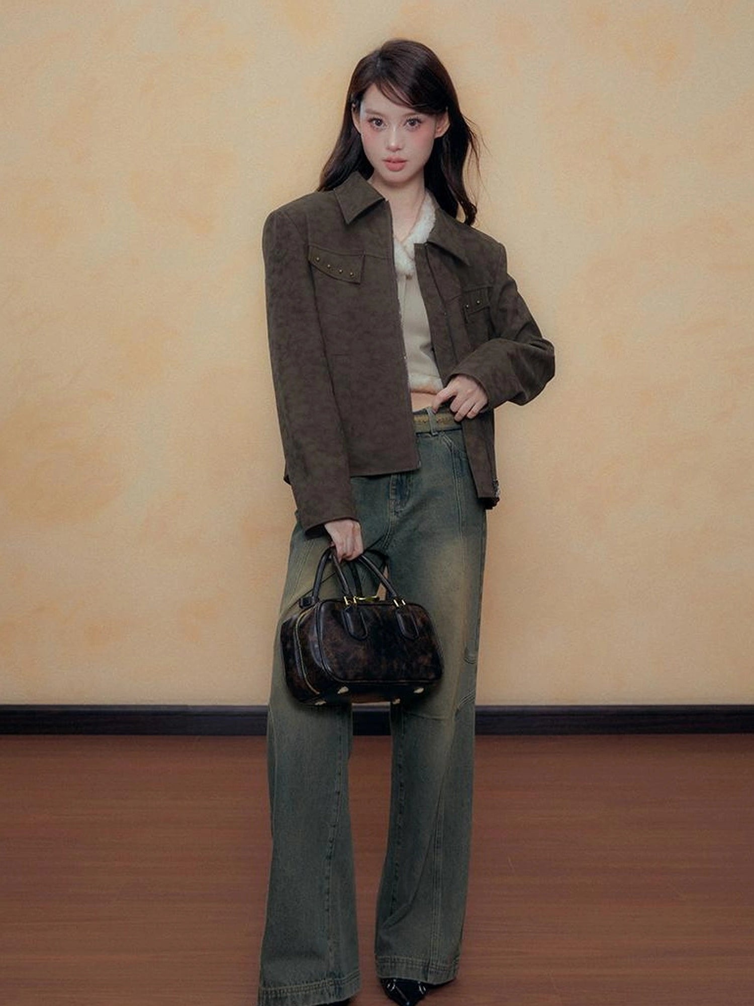 DKZ OFFICIAL Vintage Sandwash Pu Leather Jacket And Skirt Set