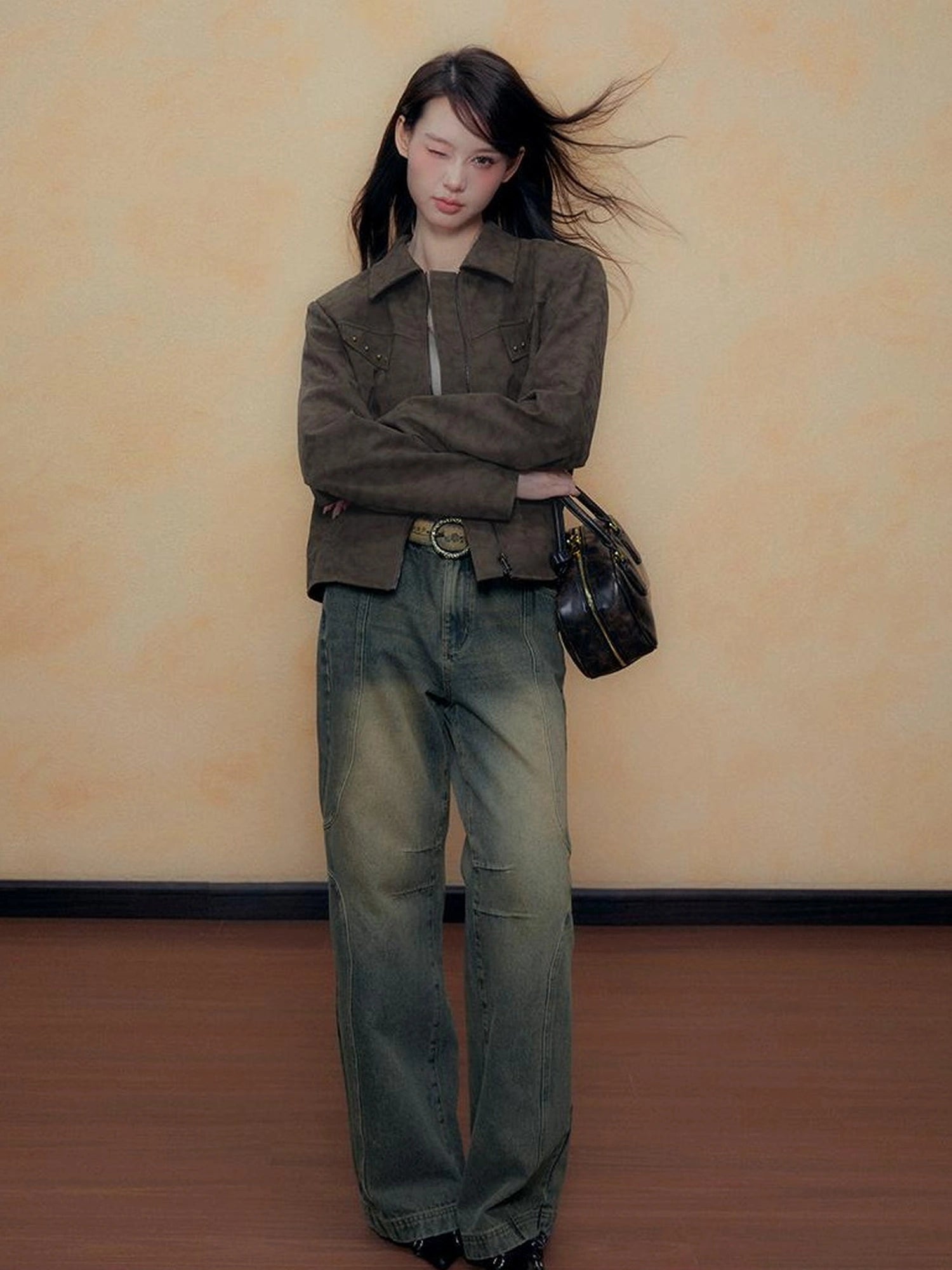 DKZ OFFICIAL Vintage Sandwash Pu Leather Jacket And Skirt Set