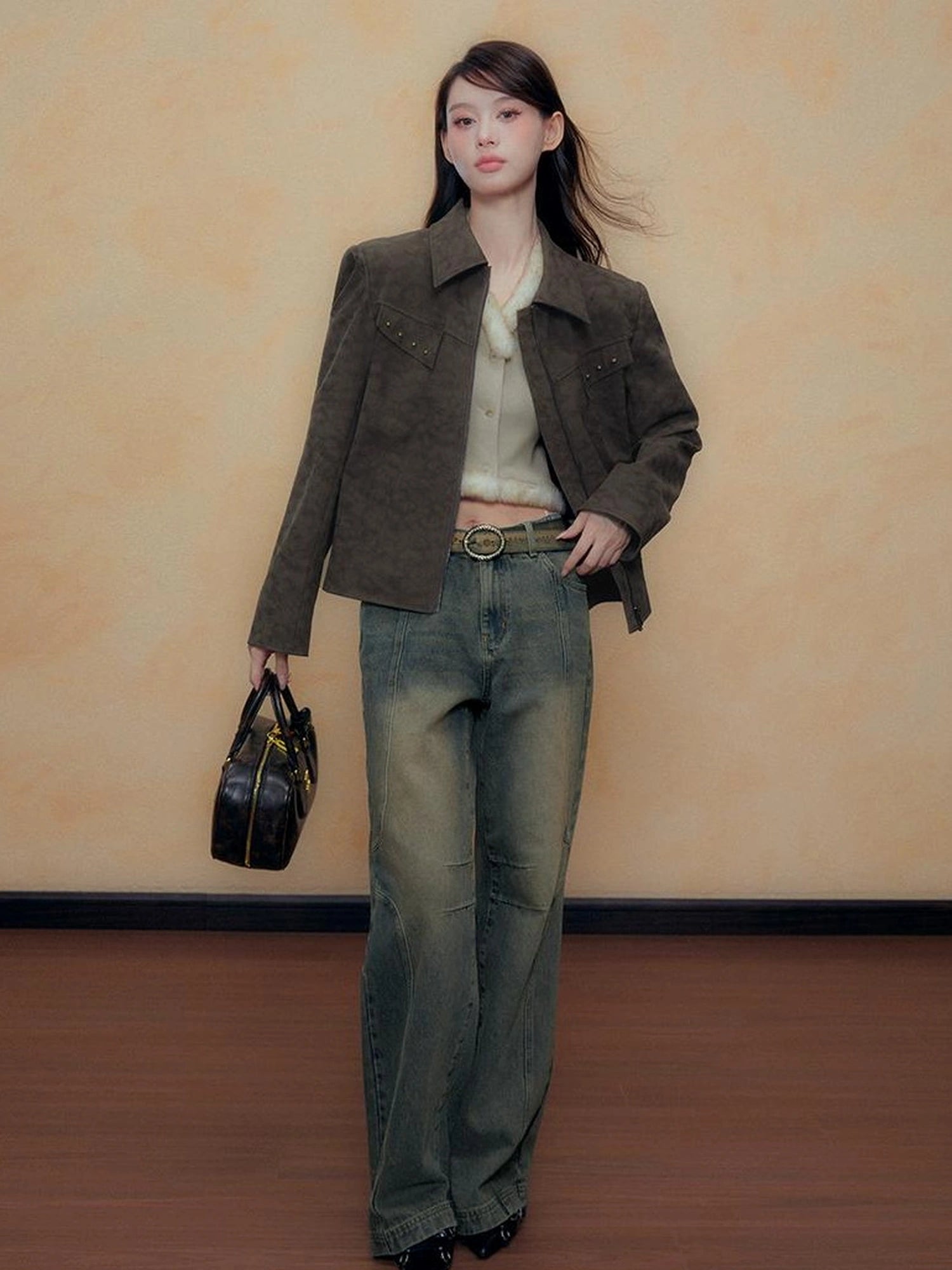 DKZ OFFICIAL Vintage Sandwash Pu Leather Jacket And Skirt Set