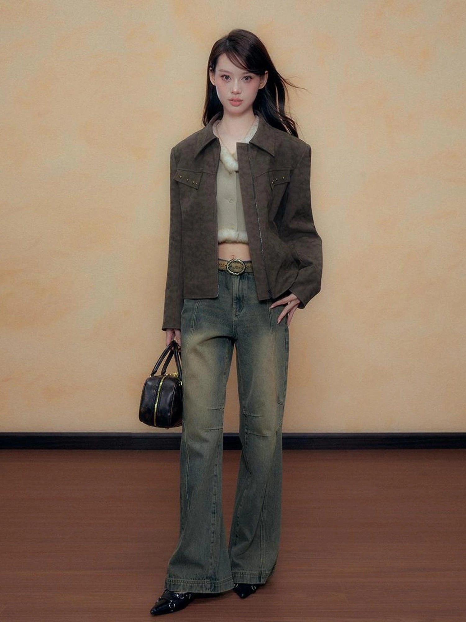 DKZ OFFICIAL Vintage Sandwash Pu Leather Jacket And Skirt Set