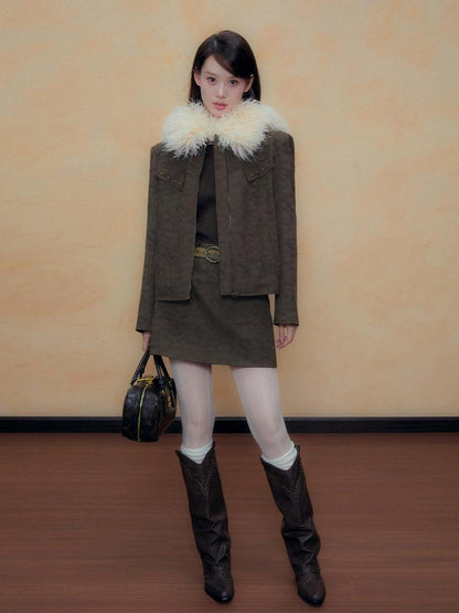 DKZ OFFICIAL Vintage Sandwash Pu Leather Jacket And Skirt Set