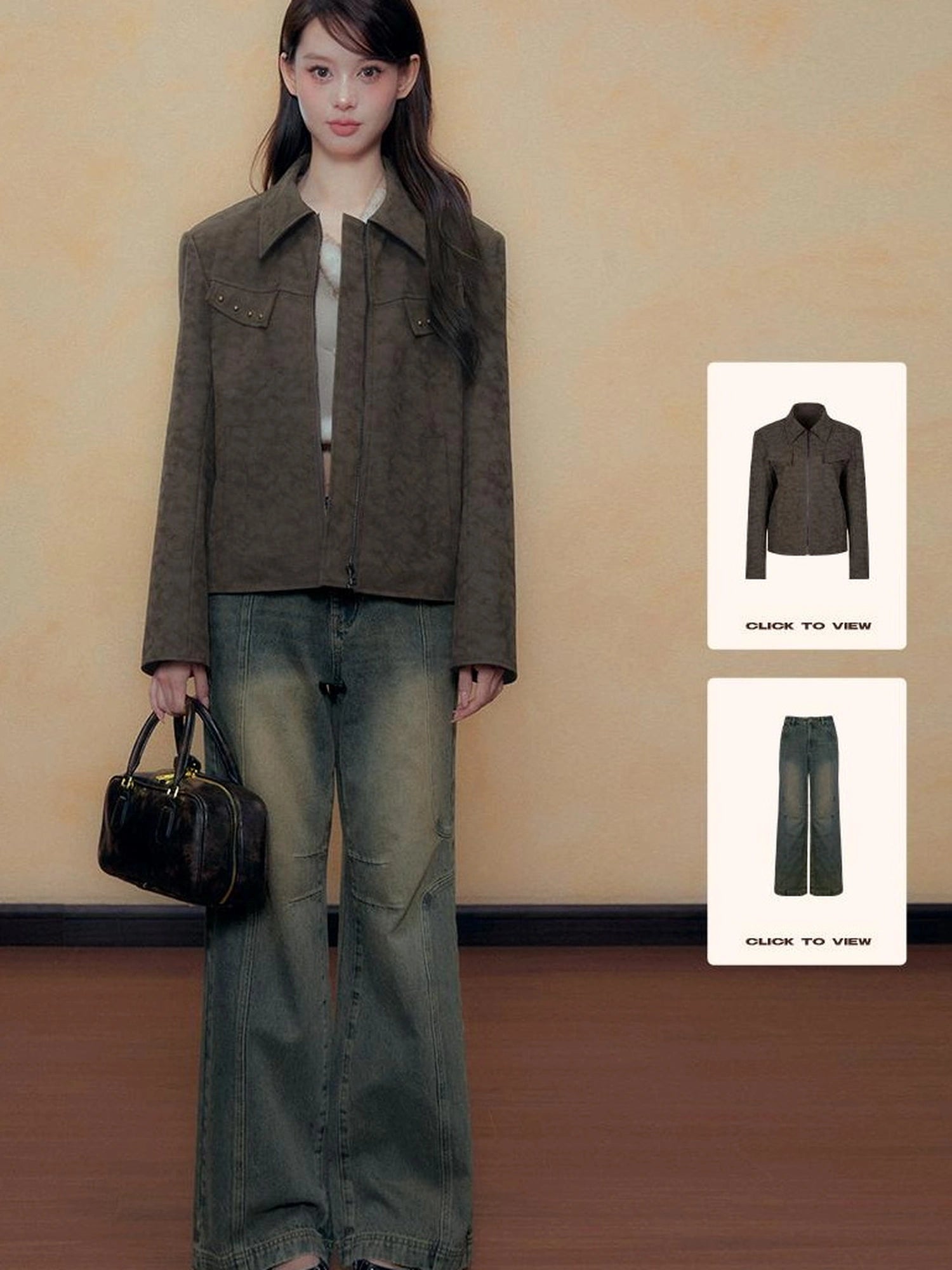 DKZ OFFICIAL Vintage Sandwash Pu Leather Jacket And Skirt Set