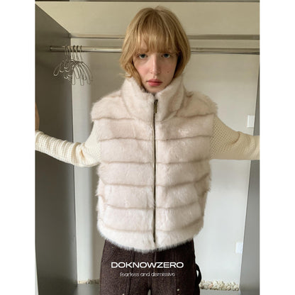 DKZ OFFICIAL Vintage Stand Collar Zipper Horizontal Faux Mink Women&