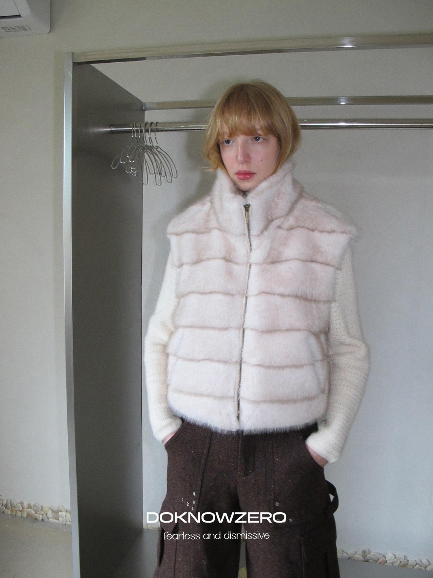 DKZ OFFICIAL Vintage Stand Collar Zipper Horizontal Faux Mink Women&