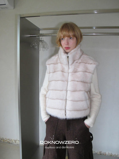 DKZ OFFICIAL Vintage Stand Collar Zipper Horizontal Faux Mink Women&