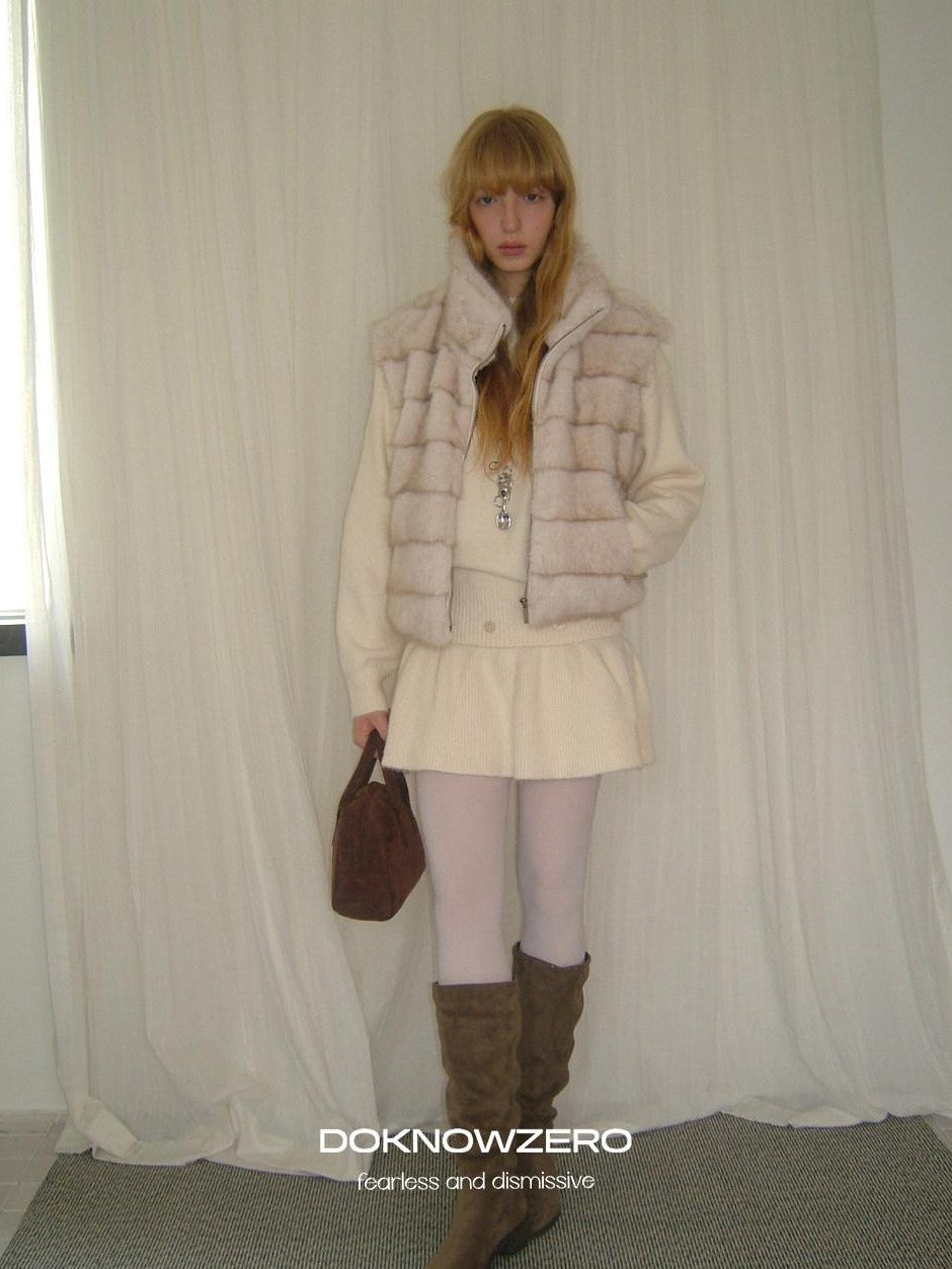 DKZ OFFICIAL Vintage Stand Collar Zipper Horizontal Faux Mink Women&