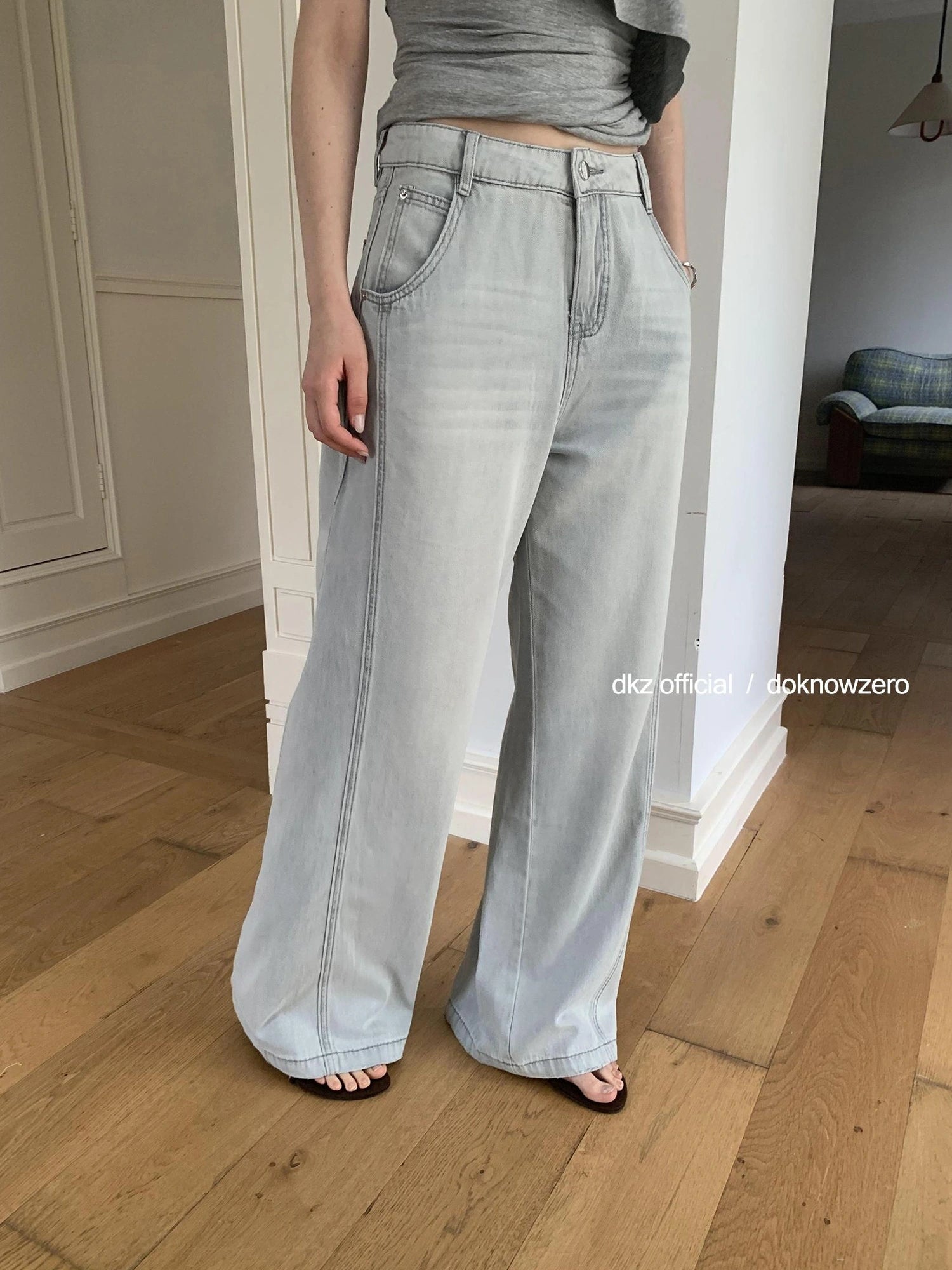 DKZ OFFICIAL Vintage Stonewash Grey Wide Leg Denim Trousers