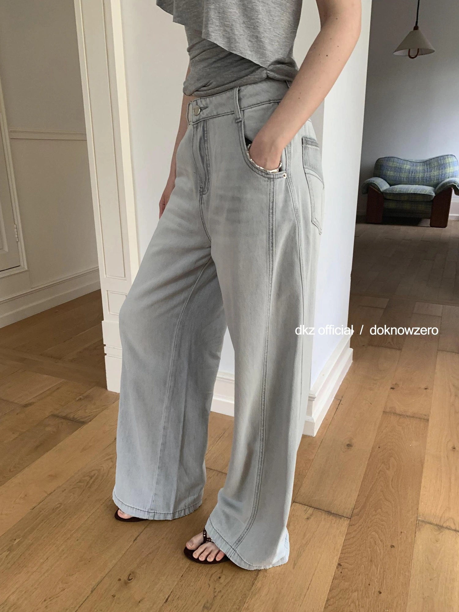 DKZ OFFICIAL Vintage Stonewash Grey Wide Leg Denim Trousers