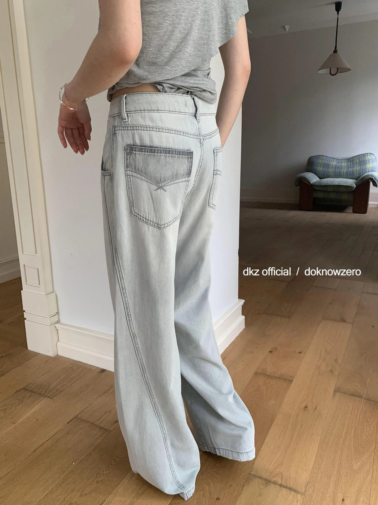DKZ OFFICIAL Vintage Stonewash Grey Wide Leg Denim Trousers