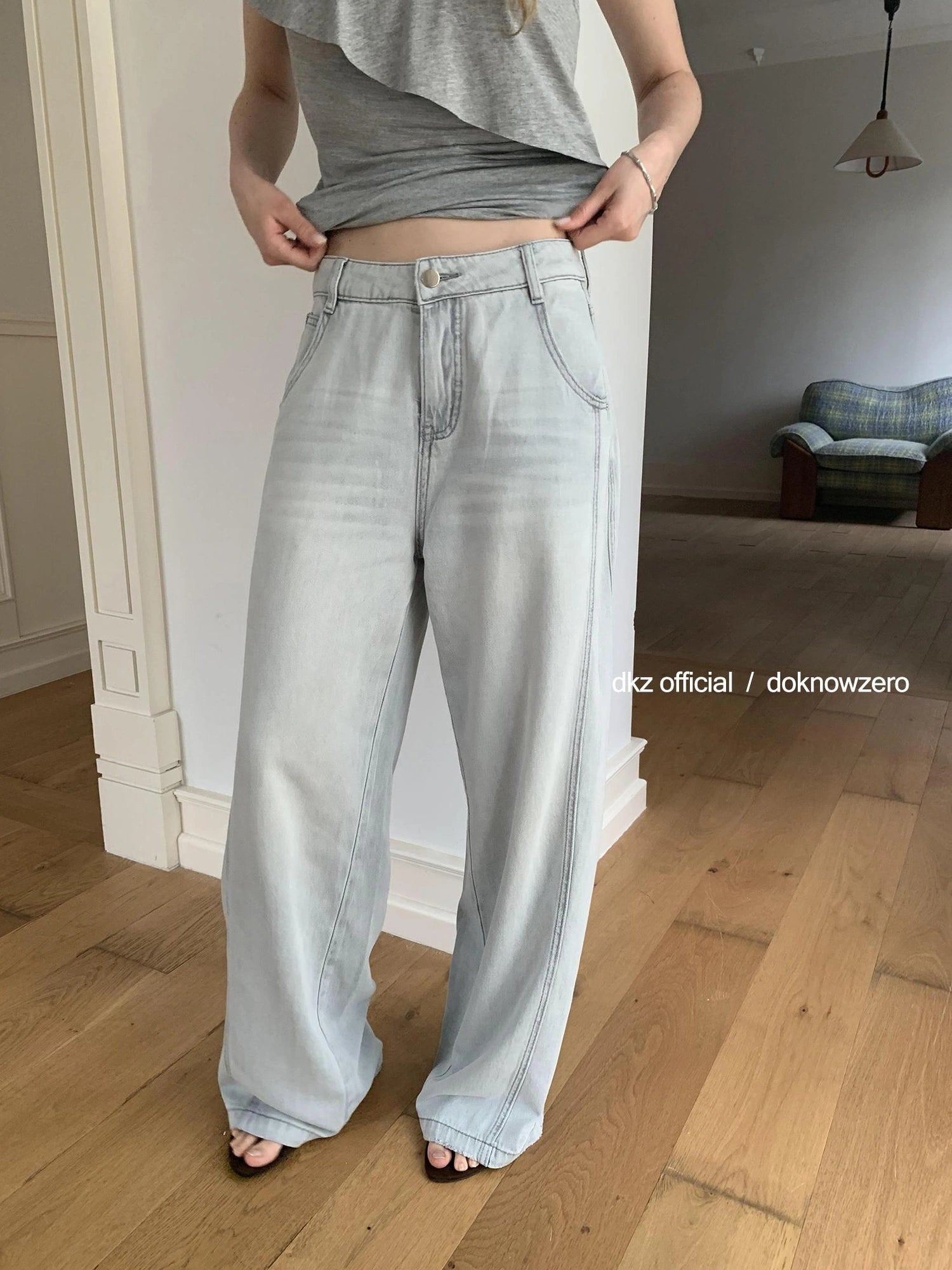 DKZ OFFICIAL Vintage Stonewash Grey Wide Leg Denim Trousers