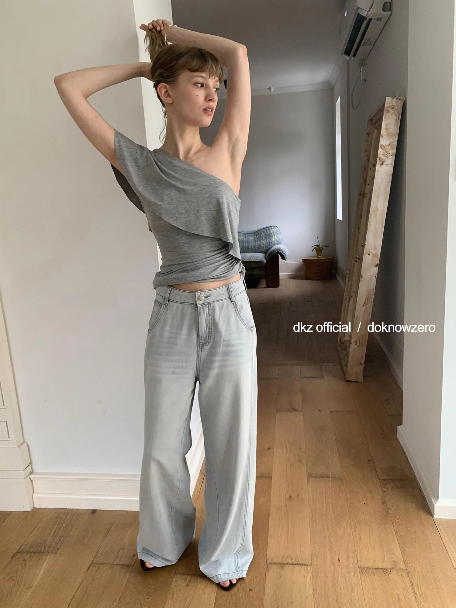 DKZ OFFICIAL Vintage Stonewash Grey Wide Leg Denim Trousers