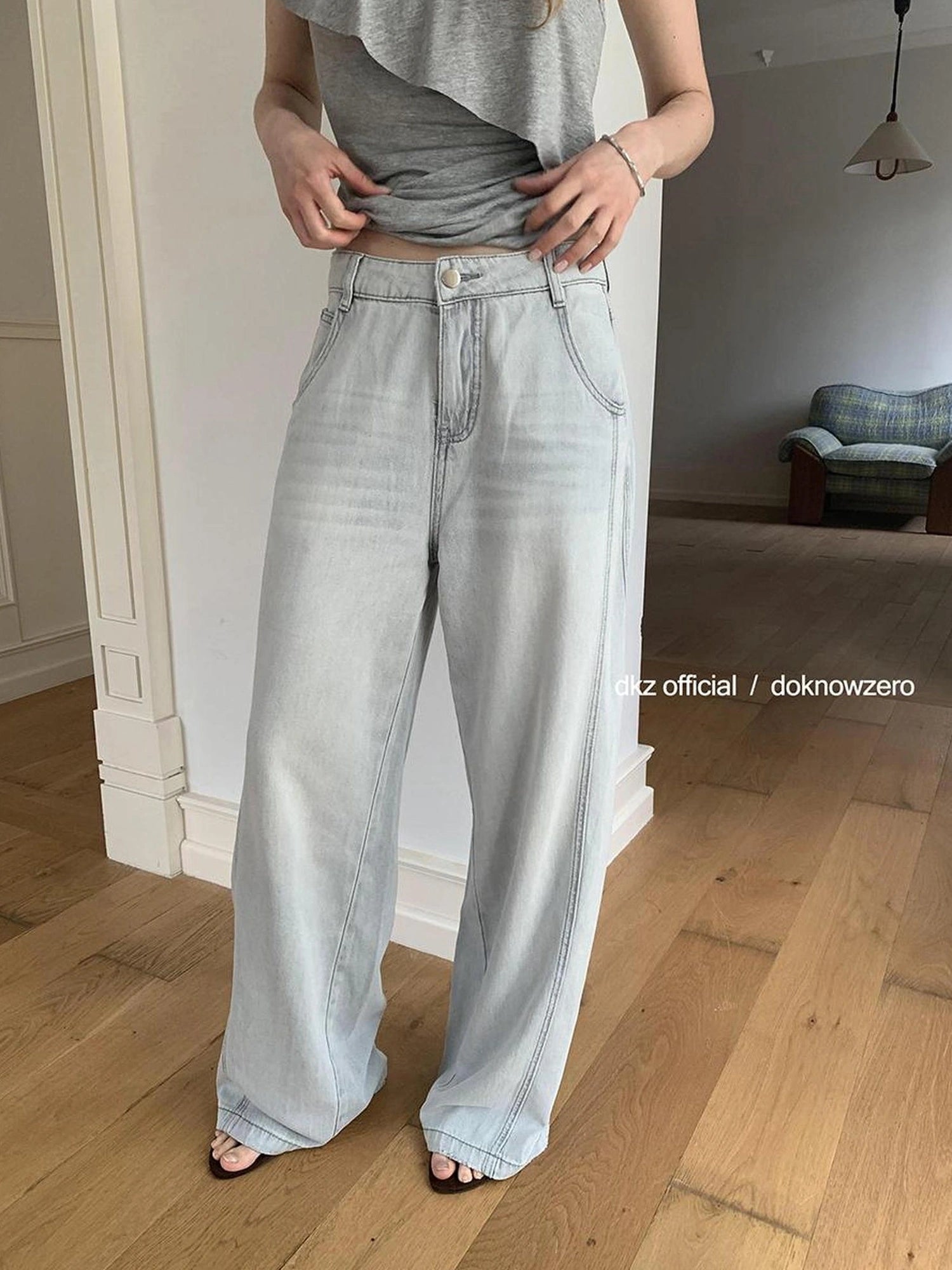DKZ OFFICIAL Vintage Stonewash Grey Wide Leg Denim Trousers