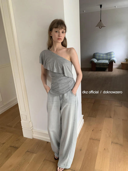 DKZ OFFICIAL Vintage Stonewash Grey Wide Leg Denim Trousers