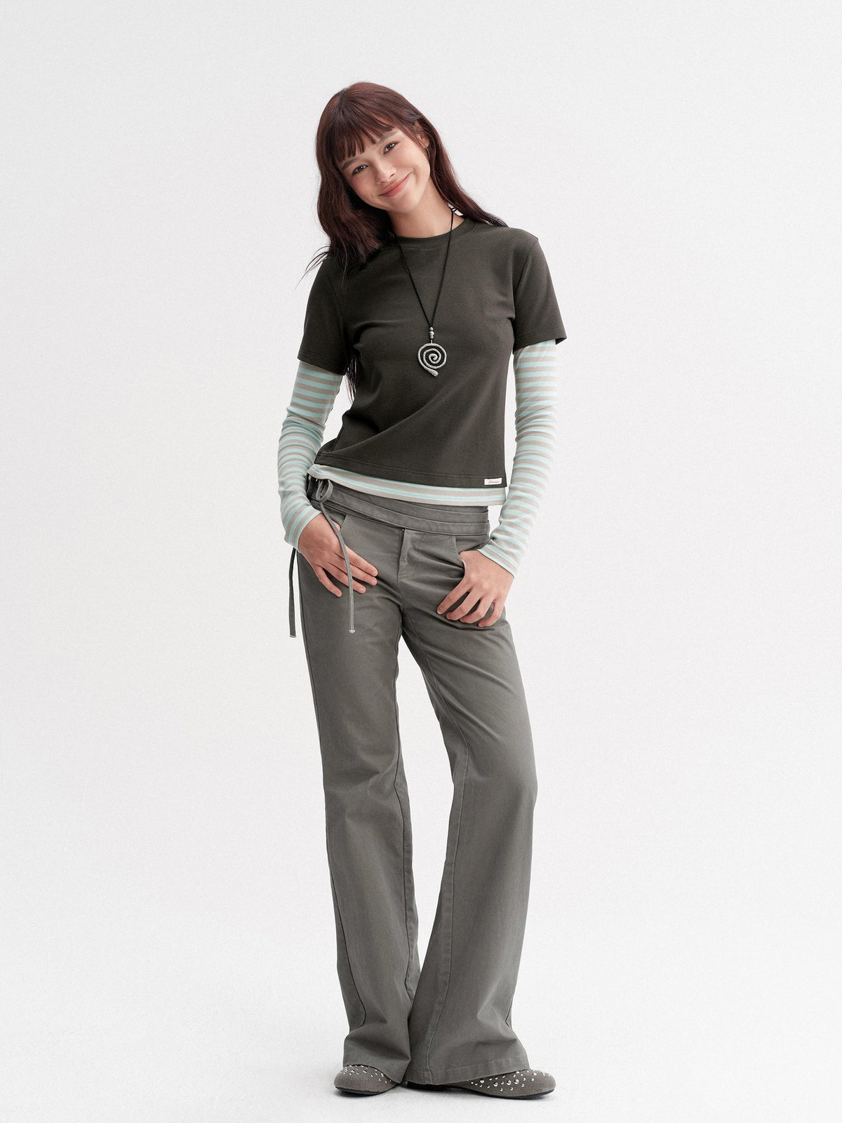 DKZ OFFICIAL Vintage Striped Patchwork Faux Layered Women&