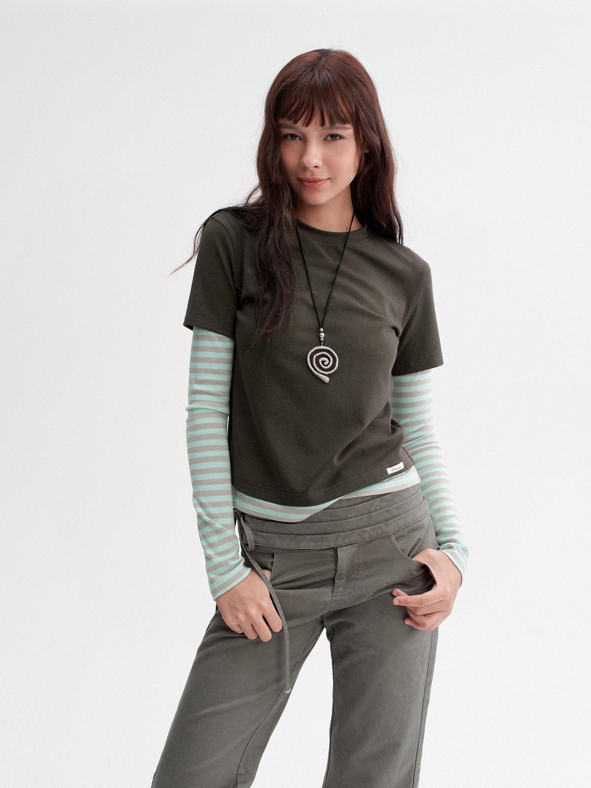 DKZ OFFICIAL Vintage Striped Patchwork Faux Layered Women&
