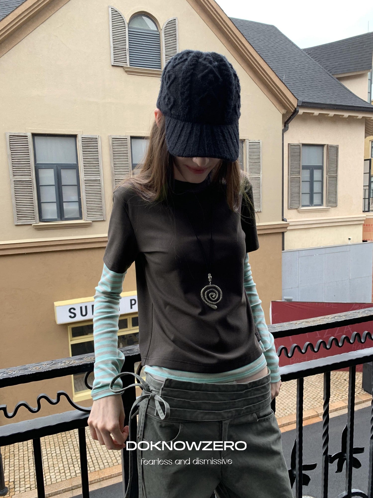DKZ OFFICIAL Vintage Striped Patchwork Faux Layered Women&