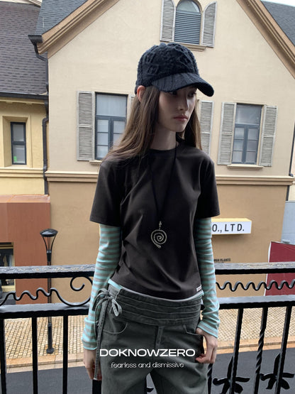 DKZ OFFICIAL Vintage Striped Patchwork Faux Layered Women&